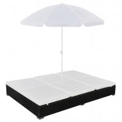 Chaise longue d'extérieur avec parasol Résine tressée Noir alsavelo
