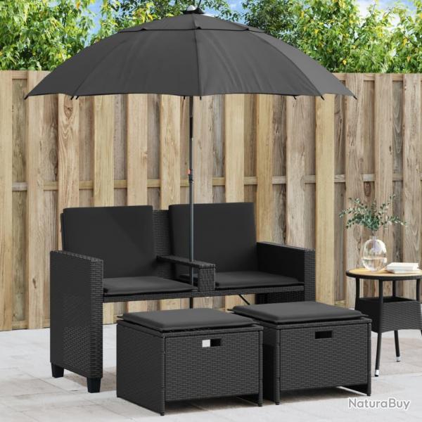 Canap de jardin 2 places avec parasol et tabourets noir rotin alsavelo