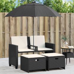 Canapé de jardin 2 places avec parasol et tabourets noir rotin alsavelo