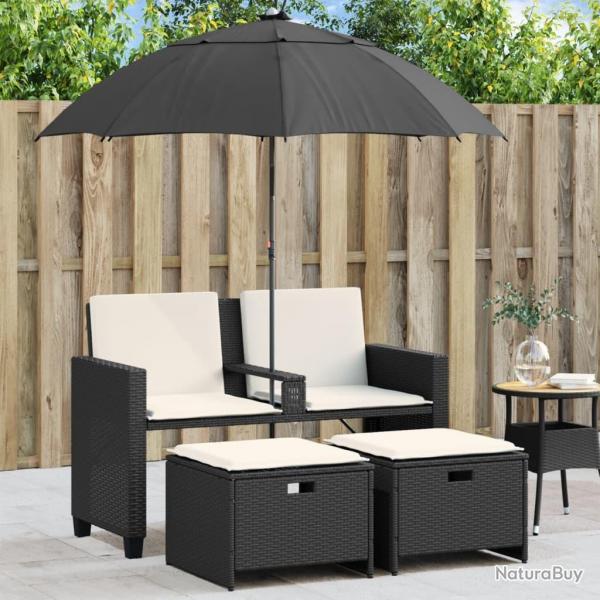 Canap de jardin 2 places avec parasol et tabourets noir rotin alsavelo