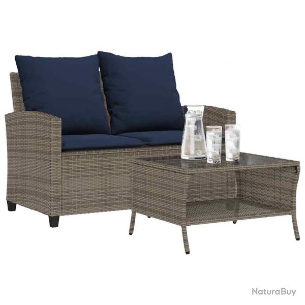 Canap de jardin 2 places coussins et table gris rsine tresse alsavelo