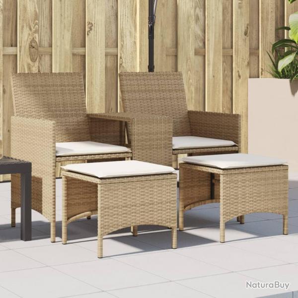 Canap de jardin 2 places avec table et tabourets beige rotin alsavelo