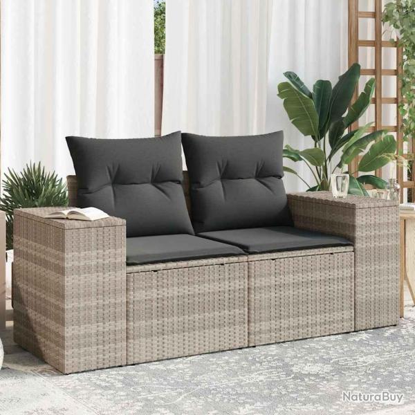 Canap de jardin 2 places et coussins gris clair rsine tresse alsavelo