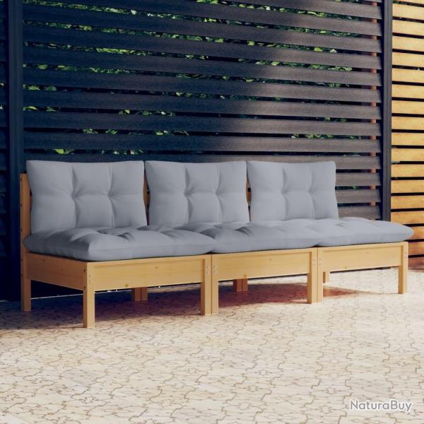 Canap 3 places de jardin et coussins gris Bois de pin solide alsavelo