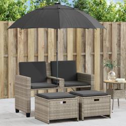 Canapé de jardin 2 places et parasol tabourets gris clair rotin alsavelo