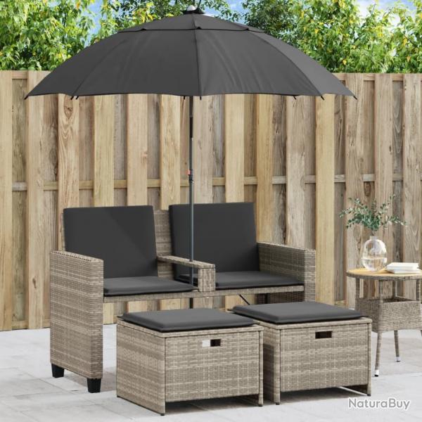 Canap de jardin 2 places et parasol tabourets gris clair rotin alsavelo