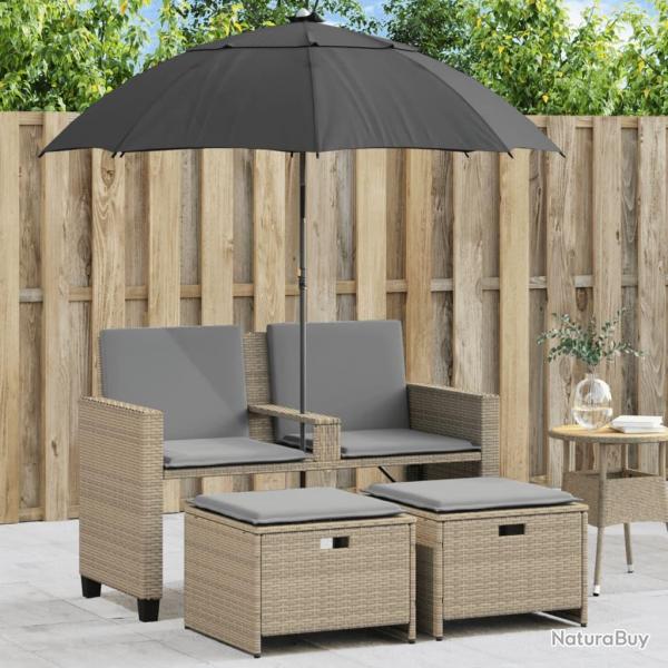 Canap de jardin 2 places avec parasol et tabourets beige rotin alsavelo