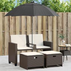 Canapé de jardin 2 places et parasol et tabourets marron rotin alsavelo