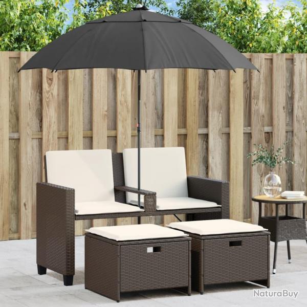 Canap de jardin 2 places et parasol et tabourets marron rotin alsavelo