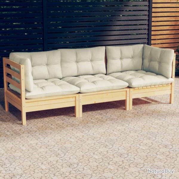Canap 3 places de jardin et coussins crme Bois de pin solide alsavelo
