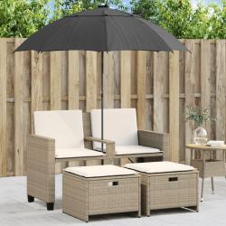 Canapé de jardin 2 places avec parasol et tabourets beige rotin alsavelo