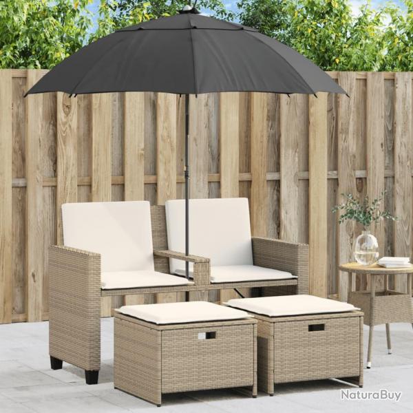 Canap de jardin 2 places avec parasol et tabourets beige rotin alsavelo