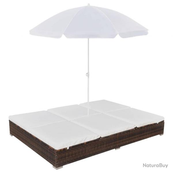 Chaise longue d'extrieur avec parasol Rsine tresse Marron alsavelo