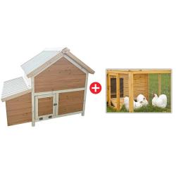 Kit Poulailler 3 poules Bois Confort toit plastique + Enclos