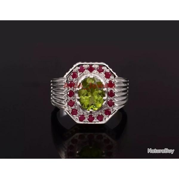 lgance et nergie Captivante - Bague en Argent Sterling avec Pierres naturelles : pridot et rubis