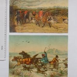CHROMO GRAND FORMAT: CHASSE à COURRE et au LOUP Lot 2 différents même thème - Vènerie Equipage Chien