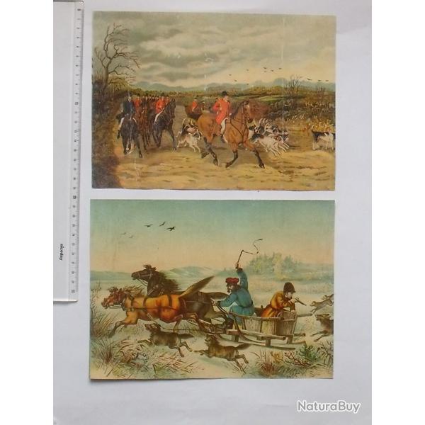 CHROMO GRAND FORMAT: CHASSE  COURRE et au LOUP Lot 2 diffrents mme thme - Vnerie Equipage Chien