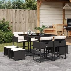 Ensemble à manger de jardin 9pcs coussins noir résine tressée alsavelo