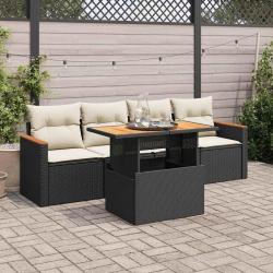 Salon de jardin 5 pcs avec coussins noir résine tressée acacia alsavelo
