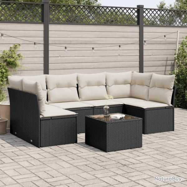 Salon de jardin 7 pcs avec coussins noir rsine tresse alsavelo