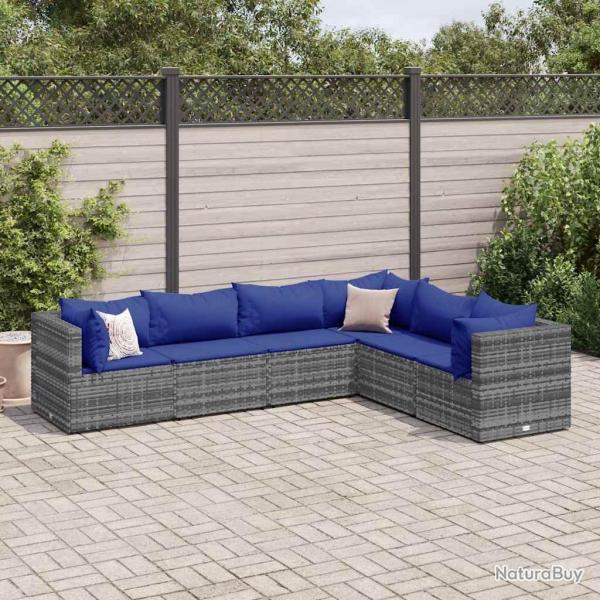 Salon de jardin 6 pcs avec coussins Gris Rsine tresse alsavelo
