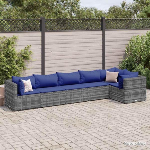 Salon de jardin 6 pcs avec coussins Gris Rsine tresse alsavelo