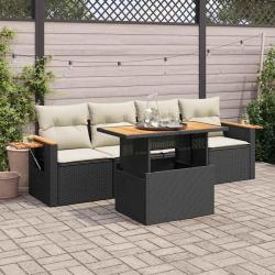 Salon de jardin 5 pcs avec coussins noir résine tressée acacia alsavelo
