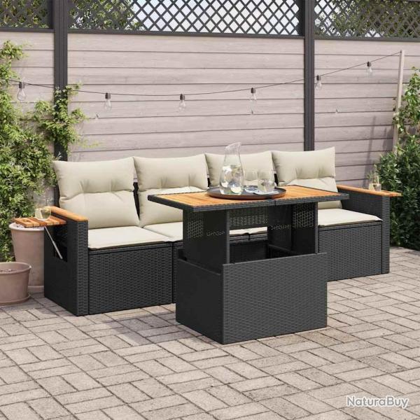 Salon de jardin 5 pcs avec coussins noir rsine tresse acacia alsavelo