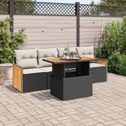 Salon de jardin 5 pcs avec coussins noir résine tressée acacia alsavelo