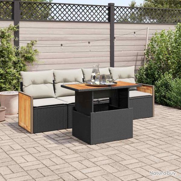 Salon de jardin 5 pcs avec coussins noir rsine tresse acacia alsavelo