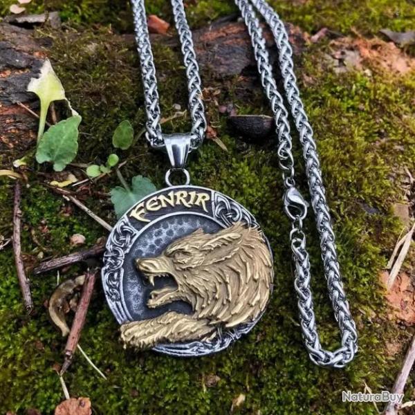 Collier viking pendentif du loup Fenrir acier inoxydable enchre