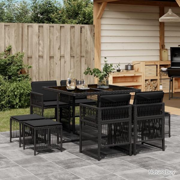Ensemble  manger de jardin 9pcs coussins noir rsine tresse alsavelo