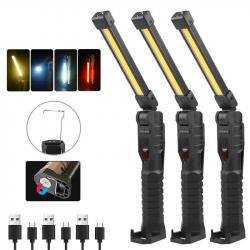 Lampe de Poche LED Pliable COB avec 7 Modes Magnétiques, Rechargeable par USB Black 3pcs