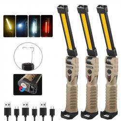 Lampe de Poche LED Pliable COB avec 7 Modes Magnétiques, Rechargeable par USB Khaki 3pcs