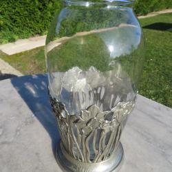 Grand vase en verre & étain a jolie décor de Narcisses, CAVAGNINI - Italie