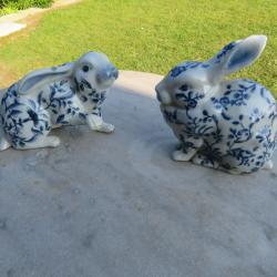 VINTAGE - DUO de Lapins en porcelaine craquelée, Wong Lee 1895 - Hong Kong (XXé)