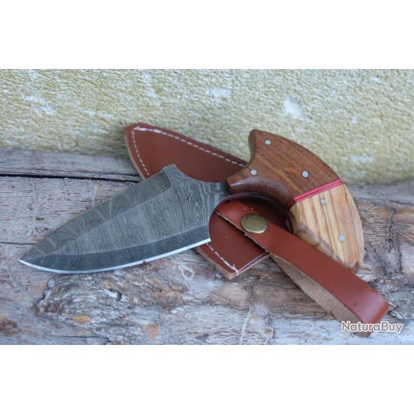 Couteau Push Dagger Lame Acier Damas 256 Couches Manche 2 Bois Etui CUir Fabric Artisanale