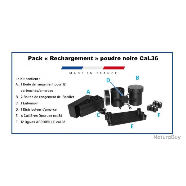 Lot de 2 - Pack rangement cal. 36 bote pour barillet, cartouches, 4 cuillres doseuses poudre noire