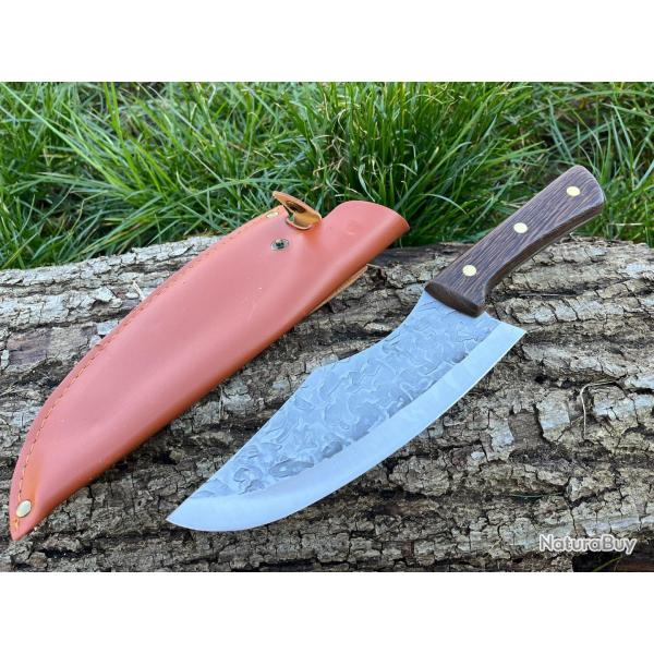 COUTEAU DE DECOUPE 29CM LAME EFFET BRUT ETUI CUIR