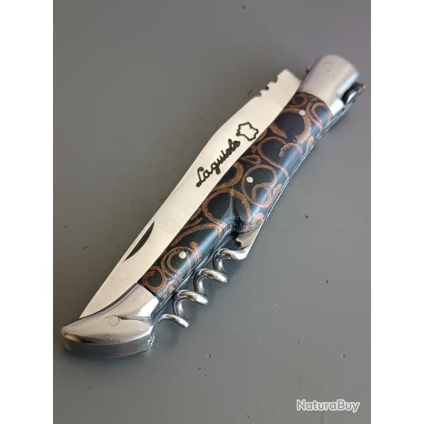 COUTEAU LAGUIOLE, THIERS, mouche forge, manche TOILE D'ANIS, guilloch.