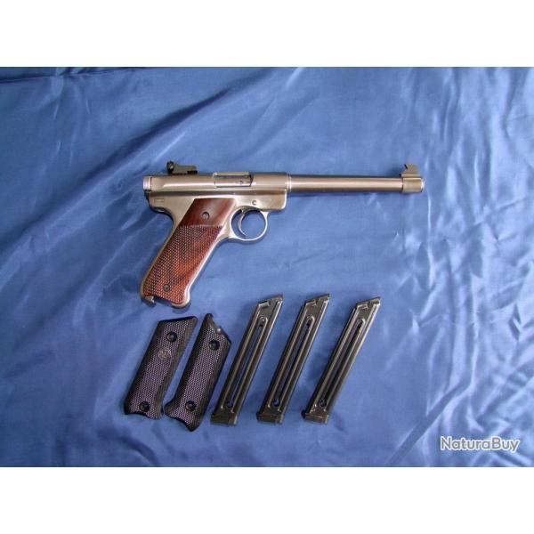 RUGER MK2 Target inox 22lr, trois chargeurs, poignes bois + origine