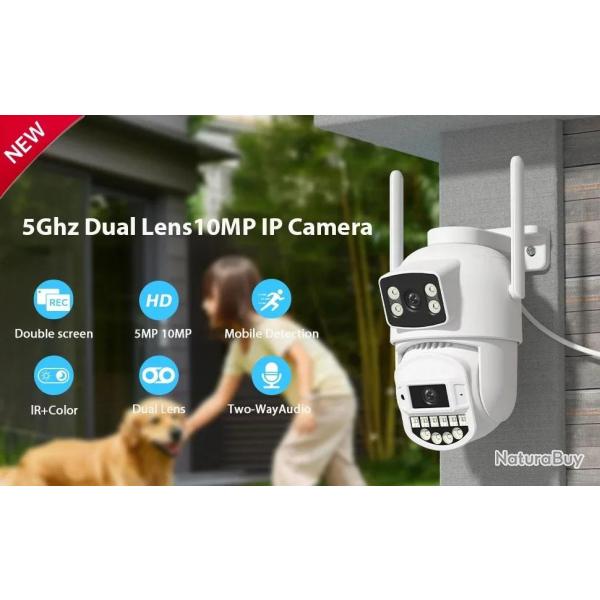 Camera IP Wifi 2 Objectifs 4K/5K PTZ AI Etanche, Modele: 10MP + SD 128GB