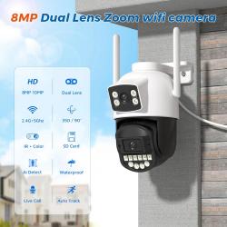 Camera IP Wifi 2 Objectifs 4K/5K PTZ AI Etanche, Modele: 8MP + SD 128GB