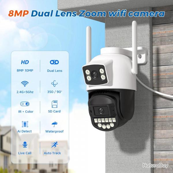 Camera IP Wifi 2 Objectifs 4K/5K PTZ AI Etanche, Modele: 8MP + SD 128GB