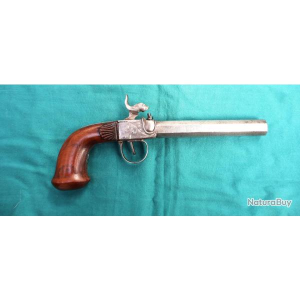Magnifique pistolet  percussion  .canon lisse trs propre Damas avec tte d'un animal mythique .