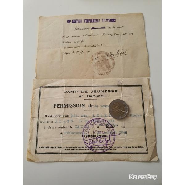 Permissions Chantier Jeunesse Algrie 1941 et section Infirmier Militaire Algrie 1940