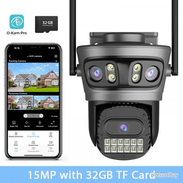 Camera IP Wifi 3 Objectifs PTZ AI Etanche Audio, Modele: 15MP + SD 32GB