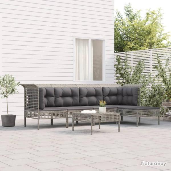 Salon de jardin 6 pcs avec coussins Gris Rsine tresse alsavelo