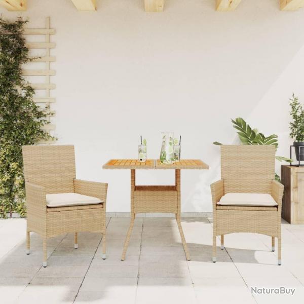 Ensemble  manger de jardin et coussins 3pcs beige rotin acacia alsavelo