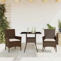Ensemble à manger de jardin et coussins 3pcs marron rotin verre alsavelo